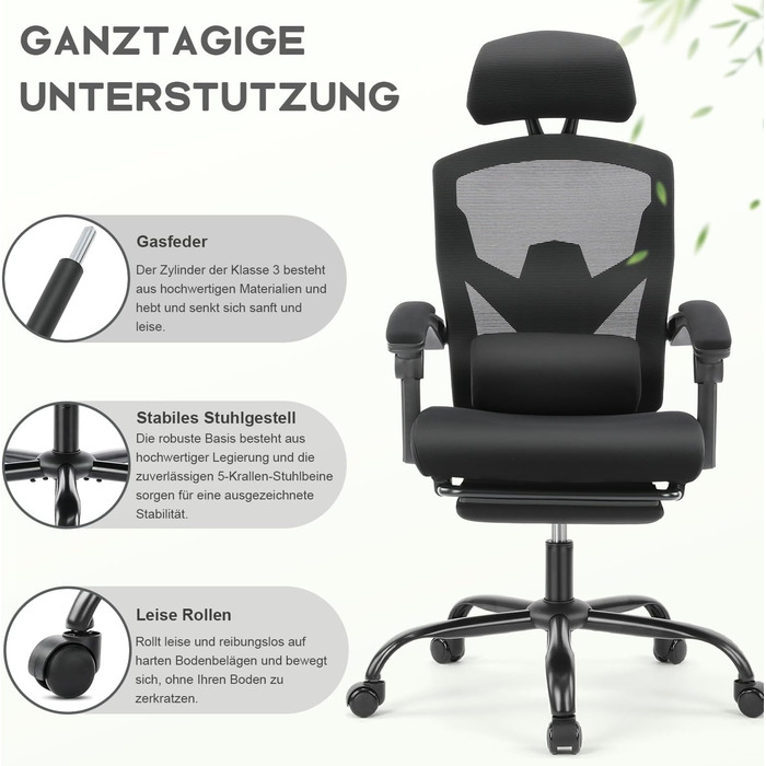 Офісне крісло DUMOS Ergonomisch C-3509 чорного кольору - ергономічне крісло з комфортними підлокітниками, підтримкою попереку та підставкою для ніг, для дому та офісу (26 x 39 x 50.75 inches)