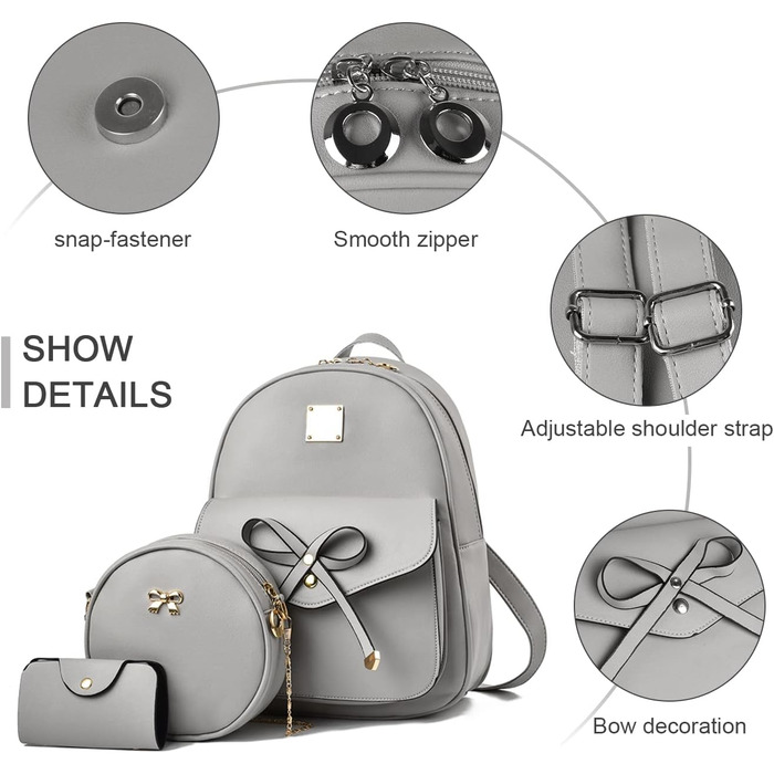 Жіночий рюкзак з PU шкіри: стильний щоденний рюкзак для подорожей, школи та роботи. Комплект сумок (сірий 03)
