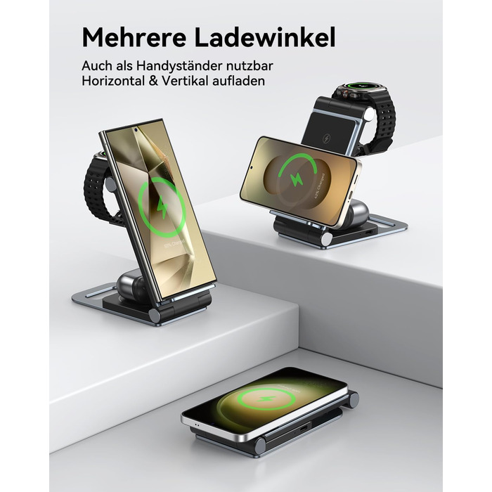База для бездротової зарядки 3-в-1 для Samsung Galaxy S25 Ultra, S24, S23, S22, S21, S20, Z Flip, Z Fold, Galaxy Watch 8/Ultra/7, Galaxy Buds, 20W, чорний