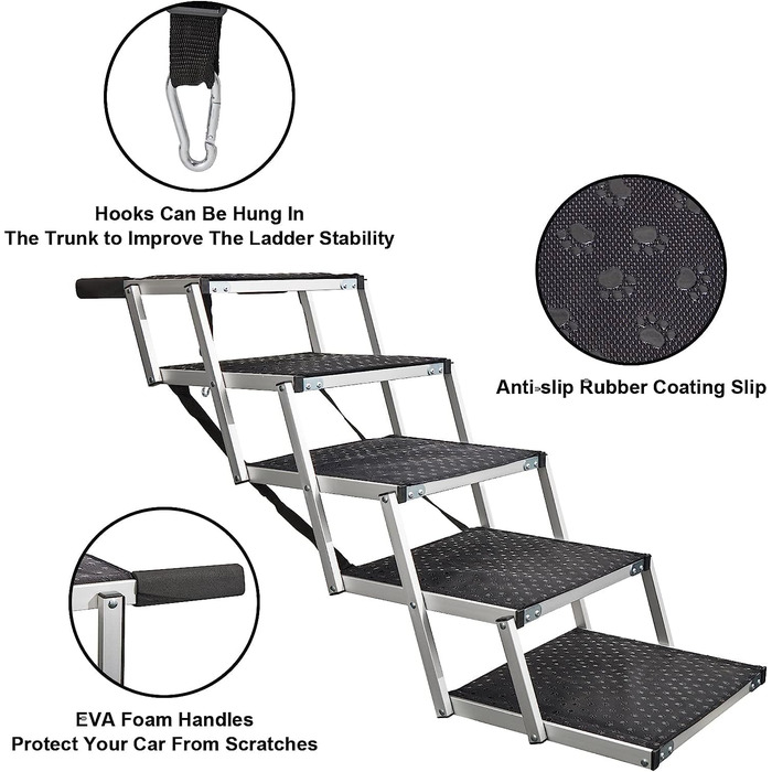 Foldable Dog Ramp for Cars - 5 Step Pet Stairs for Small, Medium, Large Dogs - Up to 70kg Capacity