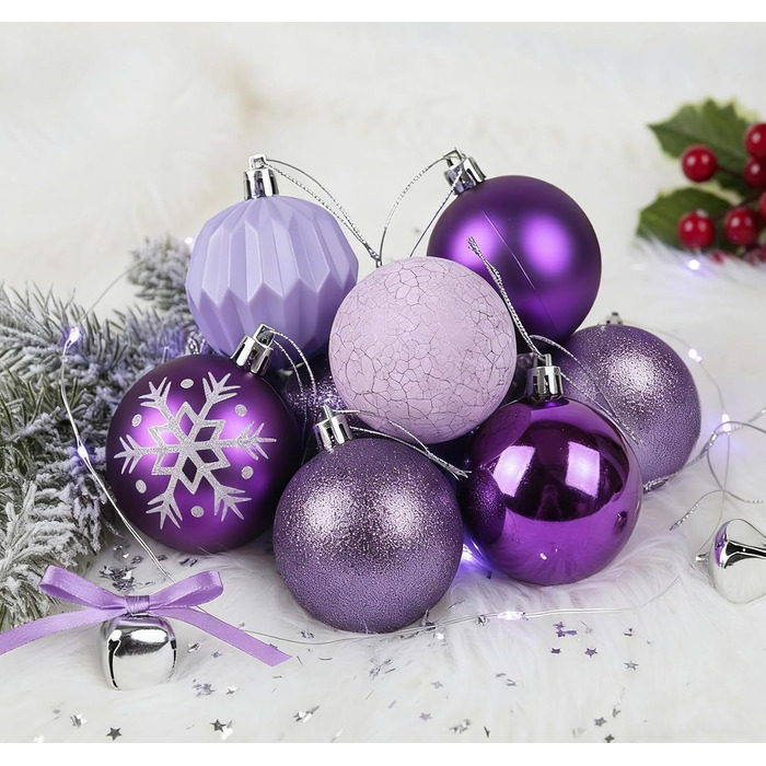 40 Штучних Різдвяних Кулі Прозорі з Кришкою, 6 см, Різдвяні Кулі з 5 Різними Дизайнами, Пластикові Кулі для Ялинки, Вікна, Внутрішнього та Зовнішнього Декору (Фіолетовий)