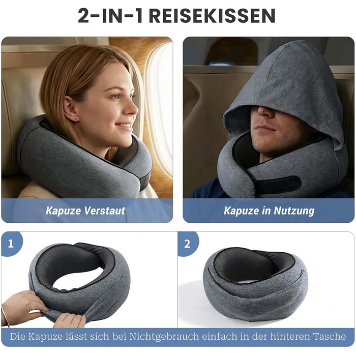 Подушка для подорожей з капюшоном, Memory Foam, темно-сіра. Підтримка шиї для літака, авто та дому