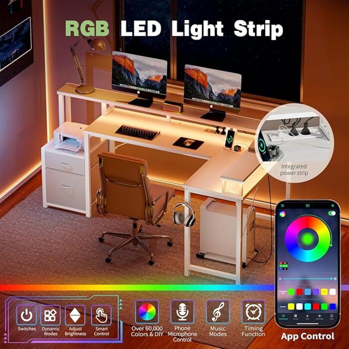 Великий кутовий ігровий стіл у формі L з LED-підсвіткою та полицею, 168x100 см