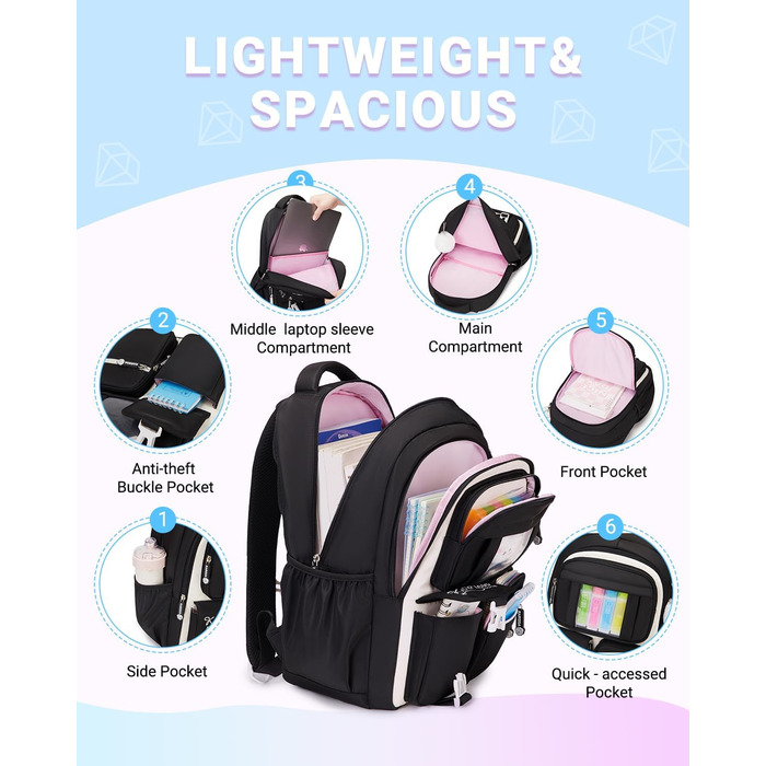 Шкільний рюкзак для дівчаток DivingBirds, 2-7 клас, 22L | Легкий дитячий рюкзак з дихаючою спинкою та м'якими лямками | З нагрудним ременем | Чорний