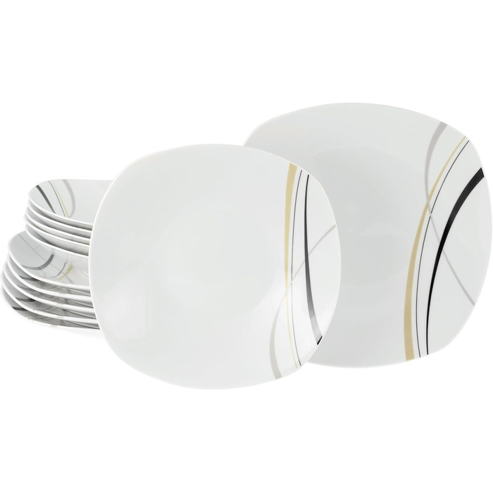 CreaTable Серія Square City Line: 12-частинний порцеляновий посуд для 6 осіб, Tafelservice, безпечний для миття в посудомийній машині та мікрохвильовій печі