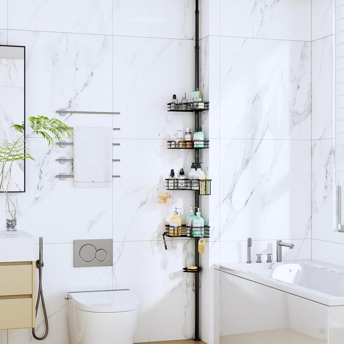 Регульована поличка для душу SWTYMIKI з нержавіючої сталі, 4 яруси, з мильницею, тримачем для зубних щіток та 4 гачками, 70-275 см, чорний (без свердління)