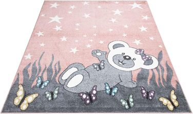 Дитячий килим Carpet City Teddy-Bär рожевий, сірий 190x280 см – короткий ворс, зірки, метелики, м'який ворс