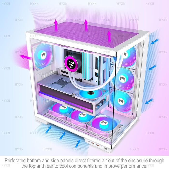 Корпус для ПК HYXN H1 ATX з 7 вентиляторами PWM ARGB, Mid Tower, Dual Chamber, Type-C, підтримка 3x360 мм кулерів (білий)
