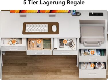 Комп'ютерний стіл Coleshome з 5 шухлядами та 4 полицями 180x100 см, L-подібний стіл з LED-підсвіткою, розетками та USB, великий стіл для home office, білий