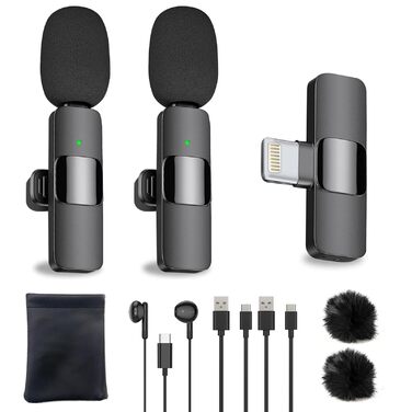 USB-C Бездротовий петличний мікрофон 2-в-1 для iPhone, з шумозаглушенням KI, міні мікрофон для Vlogging, відео, подкастів, інтерв'ю, TikTok, YouTube запису - Чорний (2 TX + 1 RX) (для Lightning (2 Mic))