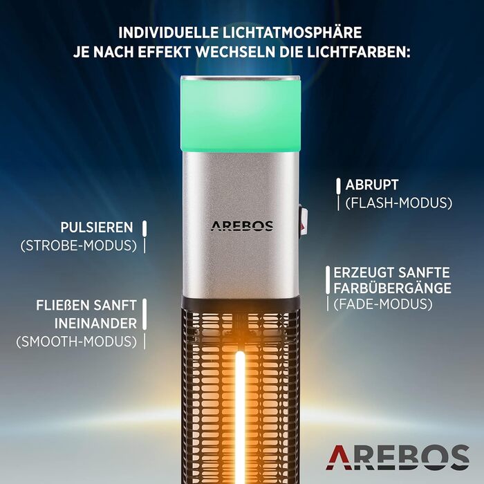 Електричний інфрачервоний обігрівач Arebos 1500W для тераси | з LED-підсвічуванням та пультом керування | Сріблястий колір | Обігрівач на вугільному інфрачервоному випромінюванні