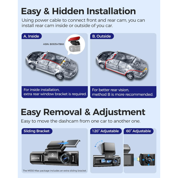 Відеореєстратор AZDOME M550 MAX 4K+ з двома камерами, WiFi, GPS, нічне бачення, паркувальний режим, 64GB SD, WDR, G-сенсор, 3.19”