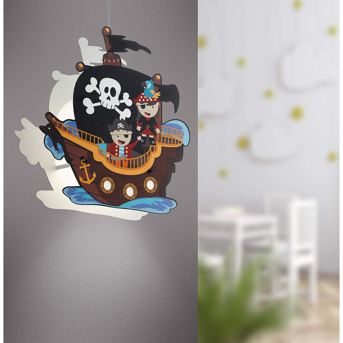 EGLO SAN CARLO Pendant Light for Kids, Children's Lamp with Pirate Motif, Decoration for Boys and Girls, Colorful Pendant Light for Children's Rooms, Pirate Ship Lamp, Steel, 28 W, white