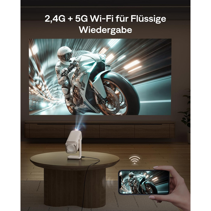 Smart проєктор Aurzen Boom Air Mini Beamer з Google TV та Netflix, 4K, USB-C, Dolby Audio, WiFi, Bluetooth, TOF автофокус, обертовий стійкий, кремовий