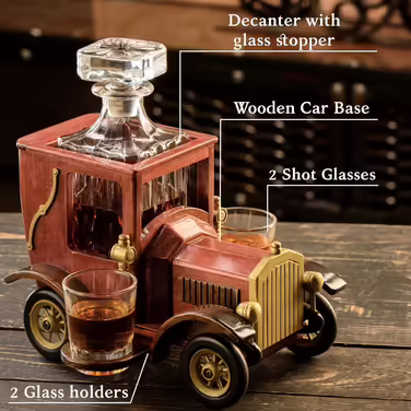 Kemstood Whiskey Decanter (945 ml) - Decanter Set with Crystal Glasses and Vintage Car Stand by Kemstood - Personalized Set for Men - Bar Accessories for Alcohol - Whiskey Gift Set