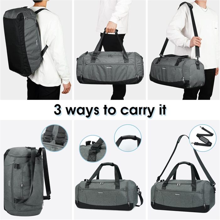 Sports Bag Backpack Duffle Bag for Men with Shoe Compartment & Wet Compartment and Toiletry Bag Weekender Bag Women's Gym Bag with Trolley Sleeve, Grey