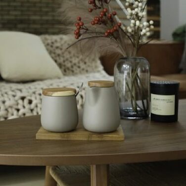 73974 2-in-1 Ceramic Sugar Bowl and Milk Jug Set, Acacia Wood Stand, Stainless Steel Spoon