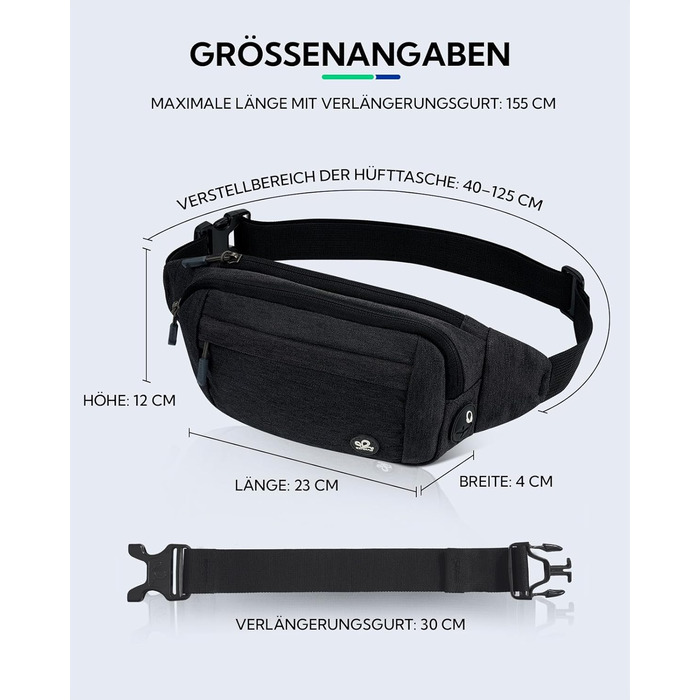 WATERFLY Поясна сумка на пояс для чоловіків та жінок: спортивна сумка на талію, сумка-шоппер, сумка на стегно для подорожей, піших прогулянок, дресирування собак, активного відпочинку на природі. Чорний, сірий колір.