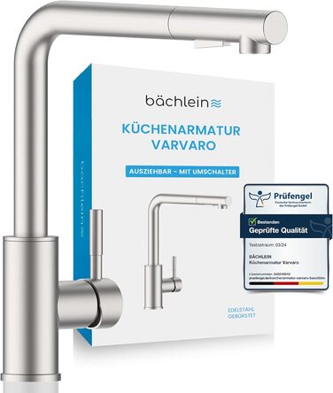 Кухонний змішувач Bächlein Varvaro – поворотний на 360° з висувним шлангом та душем – нержавіюча сталь