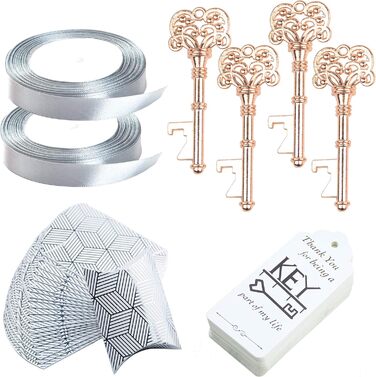 Makhry 50-Piece Skeleton Bottle Opener Wedding Favors Bottle Opener Wedding Key Souvenir Gift Set Gift Set with Box Band Label (Rose Gold)