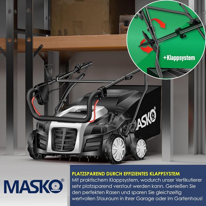 MASKO® Електричний аератор-скарифікатор 2в1 для газону, 1800 Вт, 40 см, 55 л, регулювання глибини, лоток, щітка, рукавички