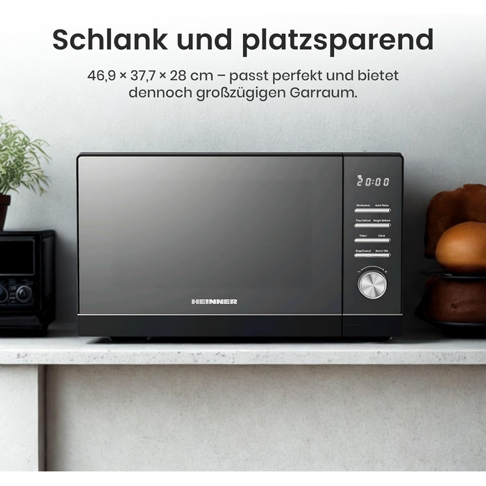 Мікрохвильова піч HMW-MD25DMRBK Mirror Black, 25 л, 800 Вт, 5 рівнів потужності, таймер, функція розморожування, чорний колір, поворотний піднос 28,5 см, 3 роки гарантії