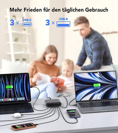 Зарядний пристрій USB-C 185W, мережевий адаптер 7 портів PD3.0 + QC3.0 для MacBook Pro/Air, iPhone 17/16/15 Pro Max, Samsung Galaxy S23/Note20 (Сірий)