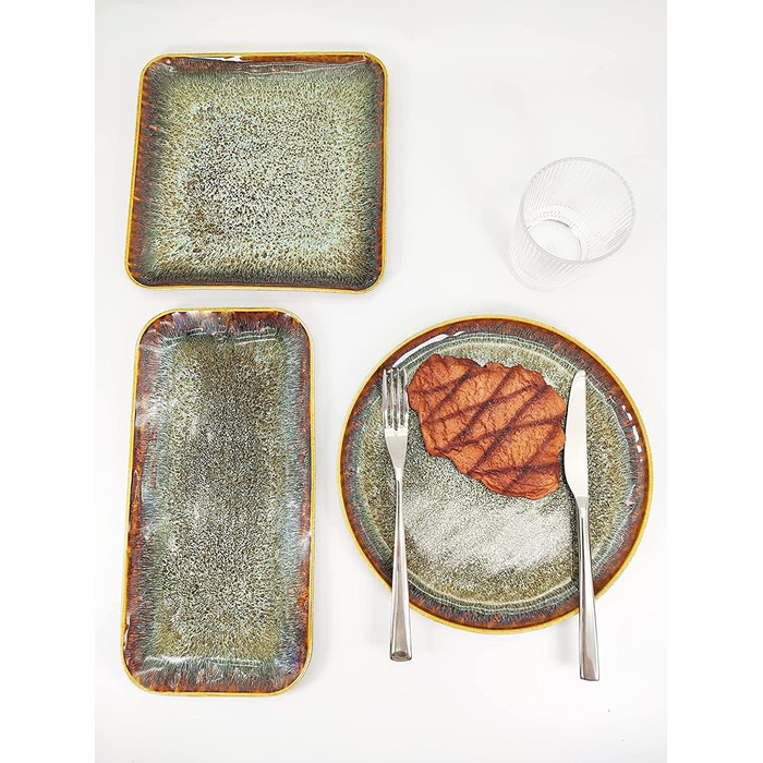 ЯЮ Керамічні тарілки 4 шт. для основного блюда: стейк, паста, різотто, закуски. Підходять для мікрохвильової печі, духовки та миття в посудомийній машині. Колір: коричневий, форма: квадратна.