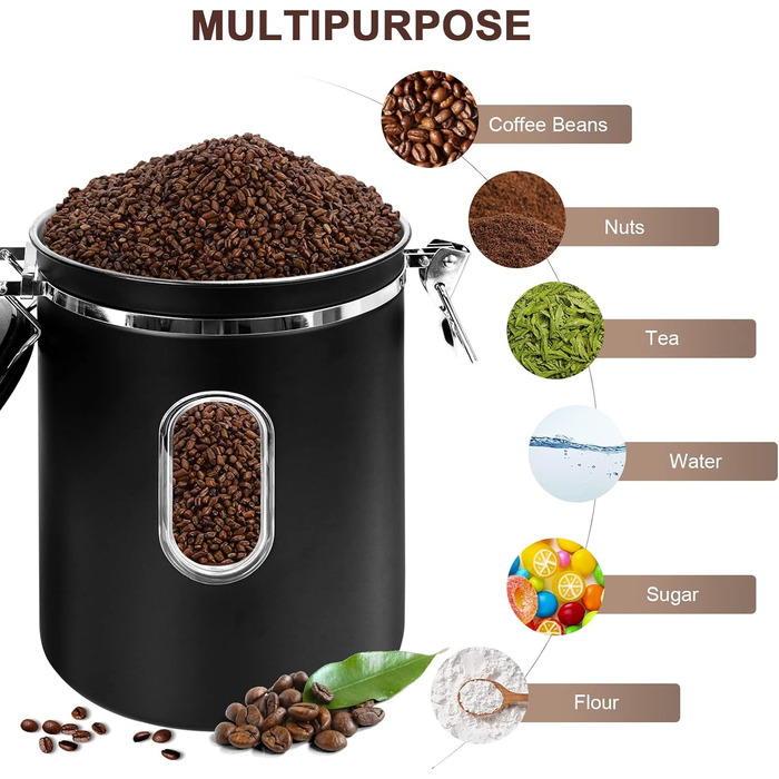 Герметичний контейнер для кави з нержавіючої сталі, 2,8 л, з CO2-вентилем та індикатором дати - для кавових зерен, кави, чаю, горіхів, какао, з мірною ложкою