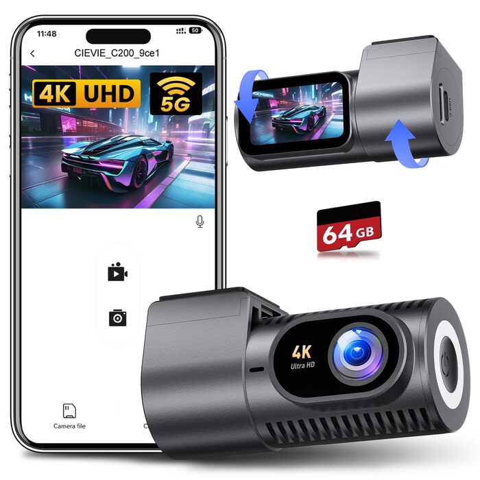 Відеореєстратор для авто 4K C200: 360° поворотний, 64GB карта, WiFi, нічна зйомка, паркування, G-сенсор, IPS дисплей