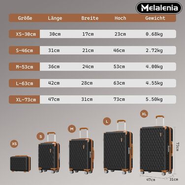 Набір валіз Melalenia 7шт з жорстким корпусом, легкий, на 4 колесах, з TSA-замком. Включає косметичку, сумку для подорожей та кулькову сумку. Чорний колір.