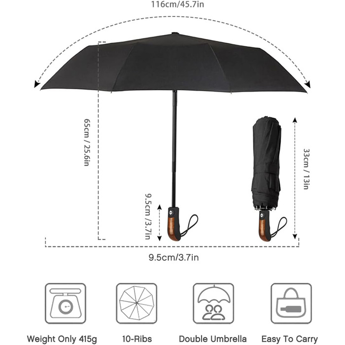 Зонт Kastewill: жіночий та чоловічий, компактний, штормостійкий, автоматичний, з 10-ю металевою основою, тефлонове покриття, чорний