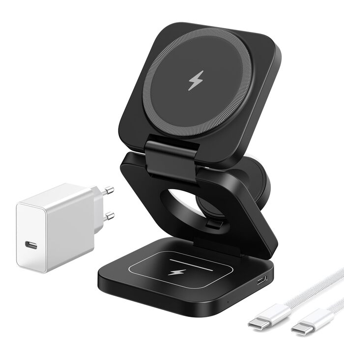 KU XIU Бездротова зарядна станція 3-в-1 MagSafe для iPhone 17/16/15/14/13/12, Apple Watch, AirPods. Складний зарядний пристрій для подорожей, чорний + адаптер