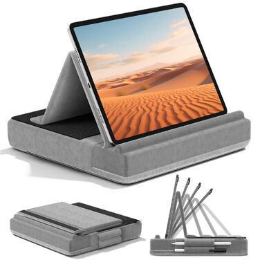 Подушка-підставка для планшета та книг KDD, складна тримач для iPad Pro 12.9, 11, Air, Mini та смартфонів, з регульованим кутом нахилу та тримачем для олівця, сіра