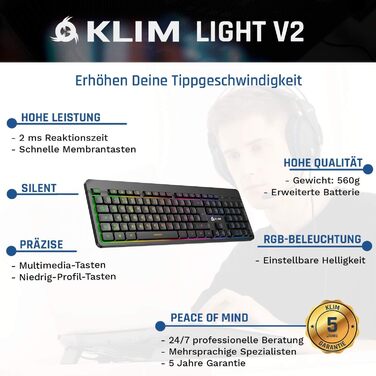 KLIM Light V2 Бездротова ігрова клавіатура QWERTZ (2023) – плоска, ергономічна, водовідштовхувана, з підсвічуванням для PC, Mac, PS4, PS5. Вбудований акумулятор.