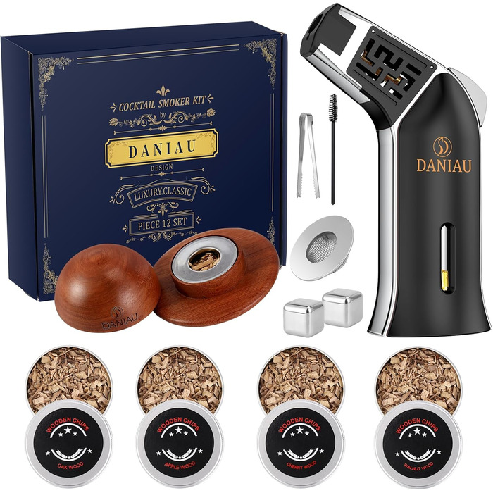 Набір для копчення напоїв Cocktail з 4 смаками, дерев'яні чіпси для віскі, набір для приготування коктейлів, інфузор для бурбона з багаторазовим льодом, Round, чорний