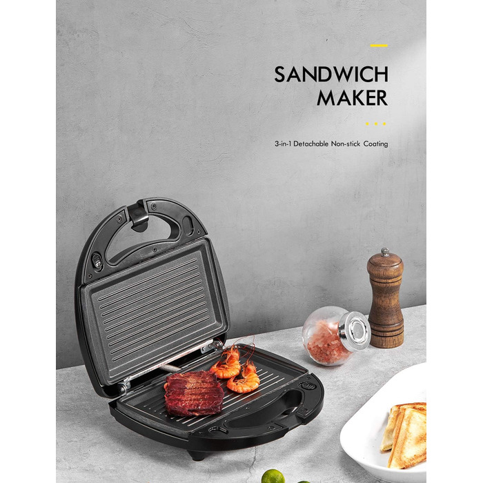 Sandwichmaker Yabano 3-в-1: сендвічниця, вафельниця, контактний гриль, антипригарне покриття, LED-дисплей, 800W