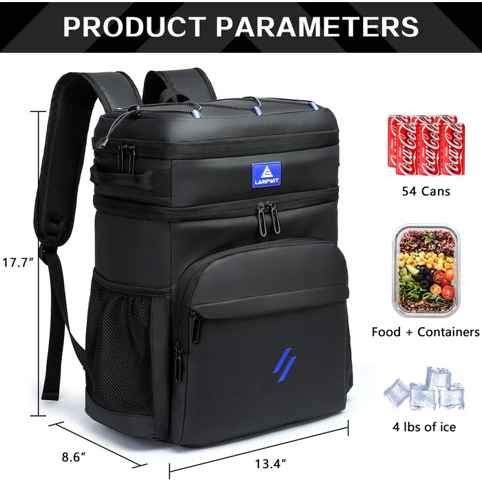 Рюкзак-холодильник Laripwit 54 літри, чорний: для пікніків, подорожей, кемпінгу та тактики