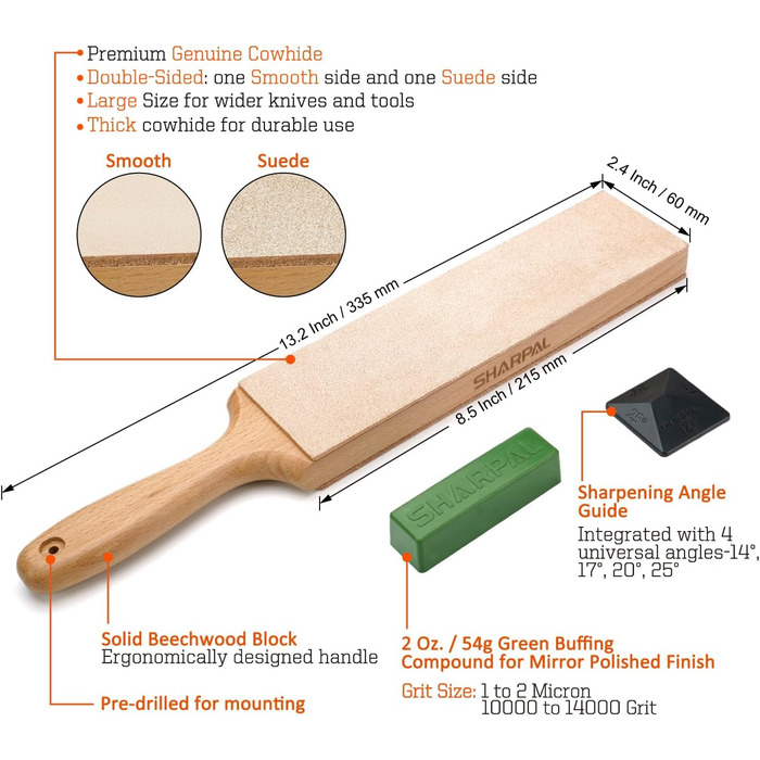 Набір для шліфування ножів SHARPAL 205H: шкіряний ремінь, паста та кутовий упор