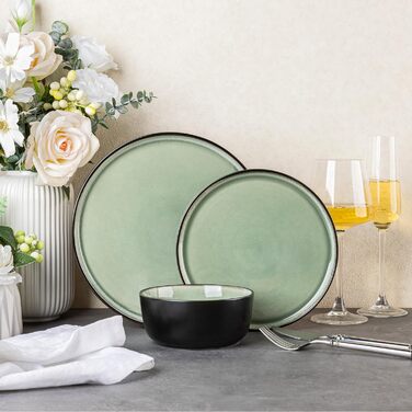 Набір посуду AmorArc з кераміки на 4 особи: тарілки та миски, реактивна глазур, міцний, для миття в посудомийній машині та використання в мікрохвильовці, комплект на 8 осіб (24 елементи) (Сервіз на 4, матовий чорний, оливковий)