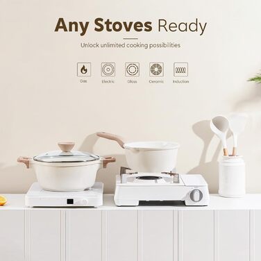 Набір посуду Kordisen з антипригарним покриттям, 5 предметів: каструлі та сковороди, кераміка, білий. Підходить для індукційних плит, без PFOA та PFAS