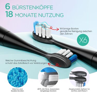 Електрична звукова зубна щітка Ultraschall ET110 (Чорна) - 41000 VPM, 70 днів роботи, 6 насадок, таймер, IPX7