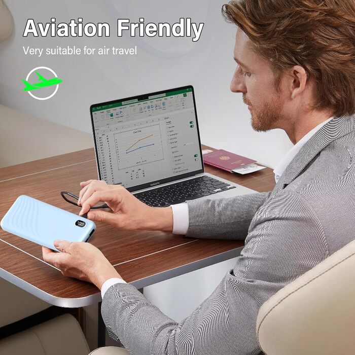 Power Bank Thunelec 10000mAh 22,5W з USB-C (PD, QC 3.0) - компактний зовнішній акумулятор для смартфону та планшета, LED дисплей, темно-синій