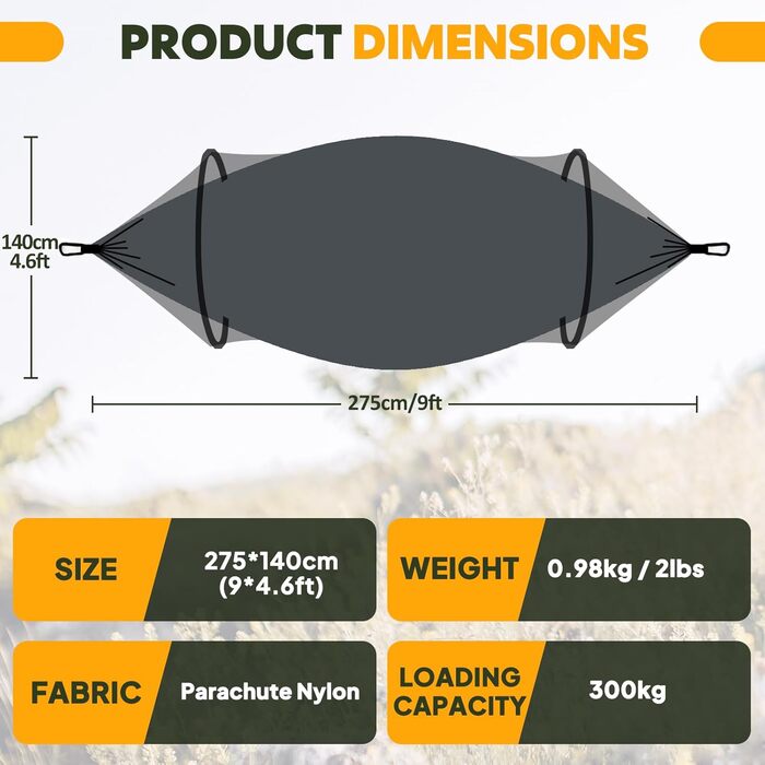 Гамак для кемпінгу NATUREFUN з москітною сіткою | Легкий, 300 кг, дихаючий, швидковисихаючий, нейлон, армійний зелений