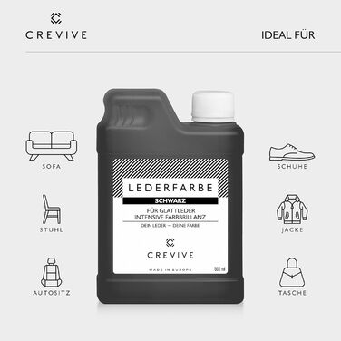 CREVIVE Leather Dye 500 ml – Color selectable – for genuine leather and faux leather for dyeing and recoloring leather – Black