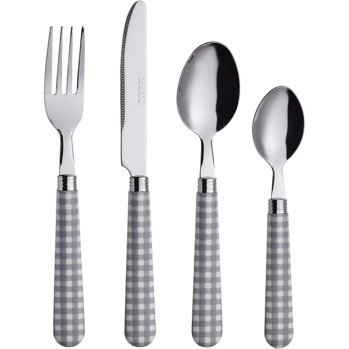 EXZACT Набір столових приборів з нержавіючої сталі 24 шт. - Ручки кольору Гінгем - 6 виделок, 6 ножів, 6 ложок, 6 чайних ложок (24 шт. сірого кольору)