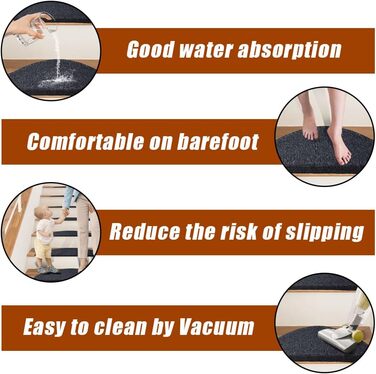 Rina Non-Slip Stair Treads - 22x65 cm - 15 Piece Set - Dark Grey Adhesive Anti-Slip Carpet for Wooden Stairs - Indoor Safety