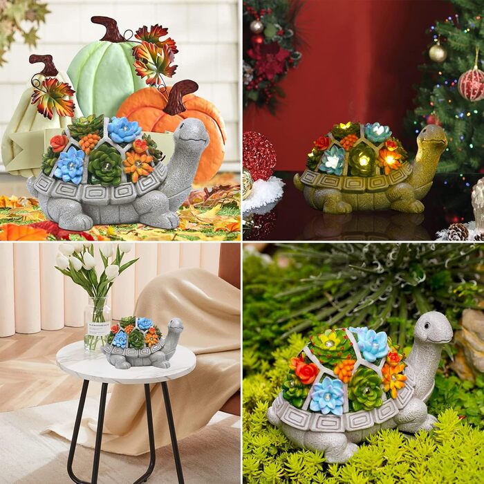 Yeomoo Solar Garden Figurines Turtle Garden Decor for Outdoors, with Succulents and 7 LED Lights Home Balcony Decoration, Cute Figurines Gifts for Women/Mom Decor for Room Terrace