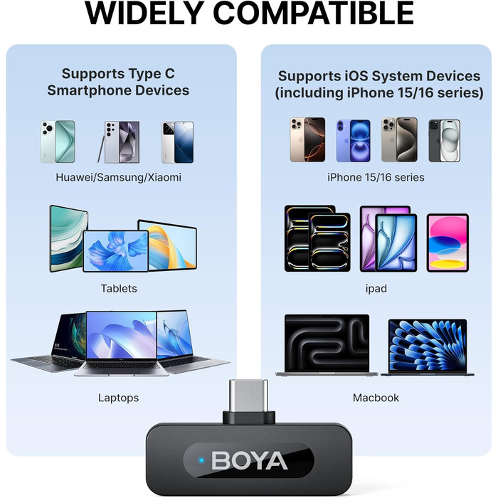 BOYA BY-V20 Бездротовий мікрофон-петличка для смартфона, iPhone, Android, USB-C, 48 КГц/16 біт, 9 годин роботи, шумозаглушення