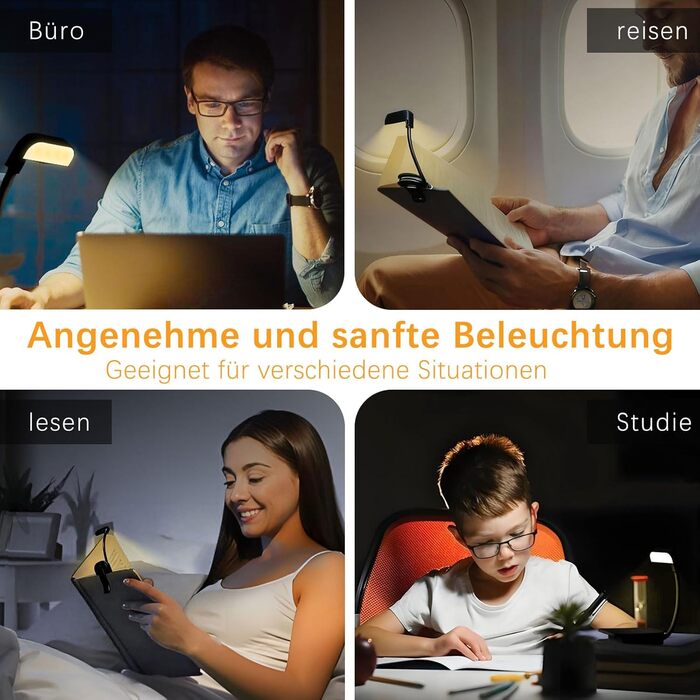 LED-лампа для читання з USB-зарядкою, 9 світлодіодів, 3 режими температури кольору, регульована яскравість, гнучка 360° поворотна кріплення для читання в ліжку, чорний